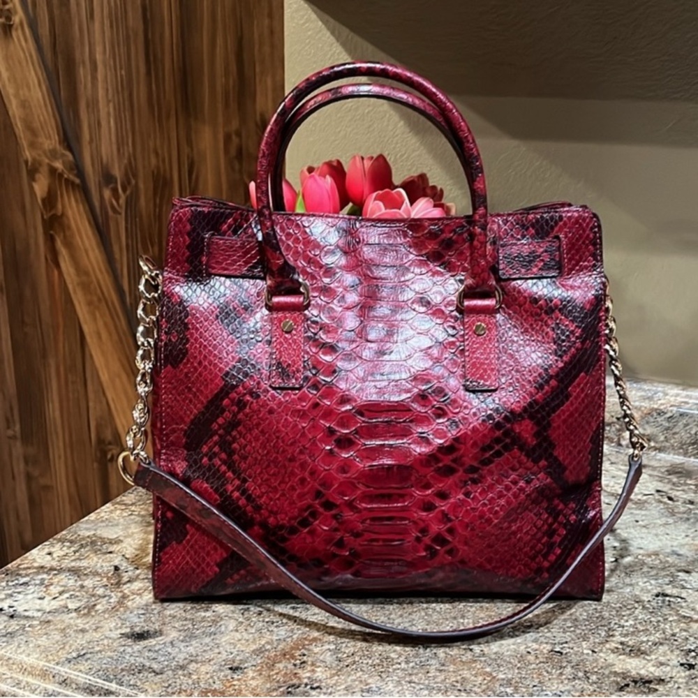EUC Like New! MICHAEL KORS Collection Hamilton Lrg Red Python Embossed Tote Bag - Picture 5 of 12